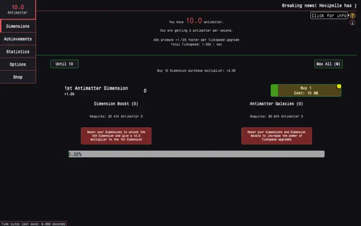 Antimatter Dimensions as it appears in the browser