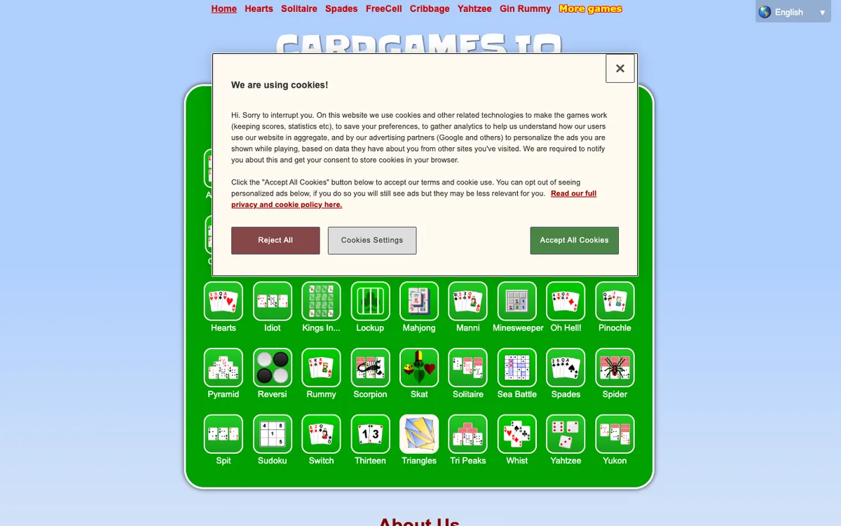 CardGames.io as it appears in the browser