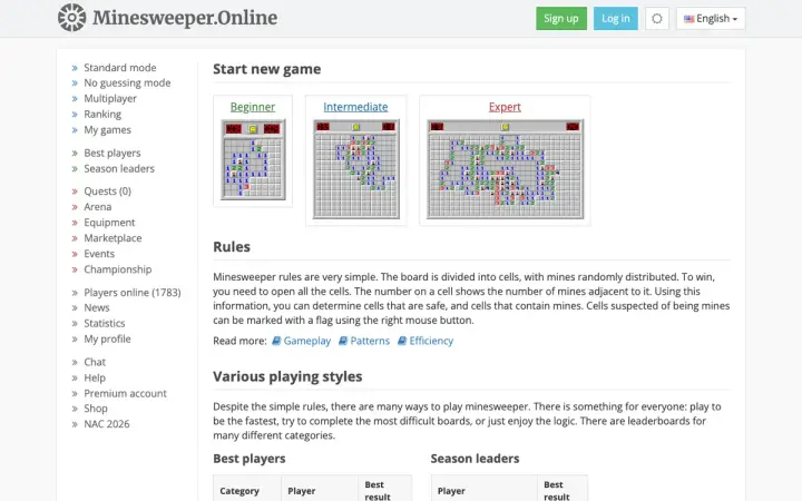 Minesweeper Online as it appears in the browser