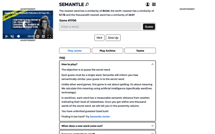 Semantle as it appears in the browser