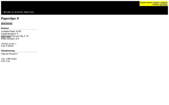 Universal Paperclips as it appears in the browser