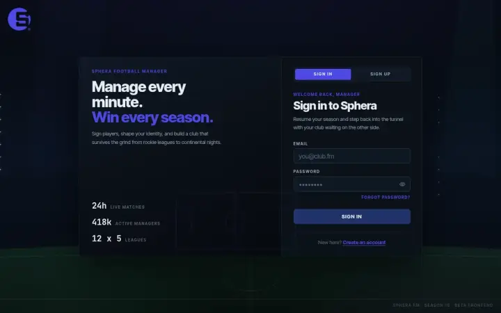 Sphera Football Manager as it appears in the browser