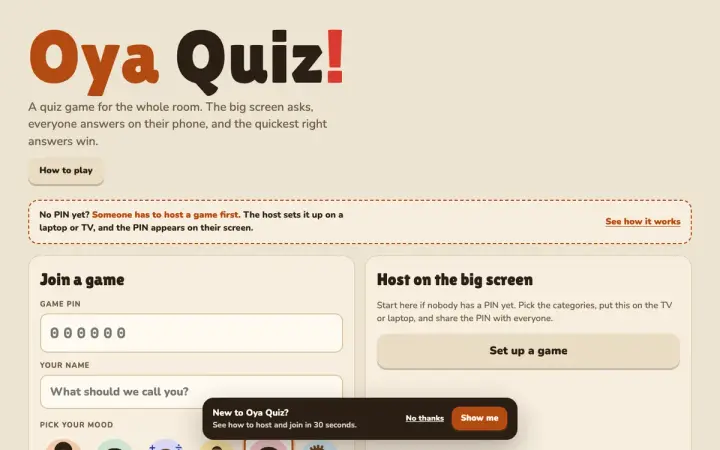 Oya Quiz as it appears in the browser