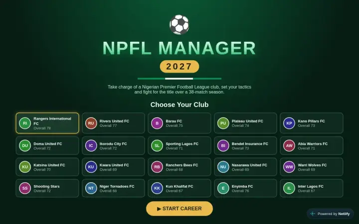 NPFL Manager 2027 as it appears in the browser