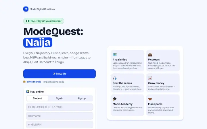 ModeQuest: Naija as it appears in the browser