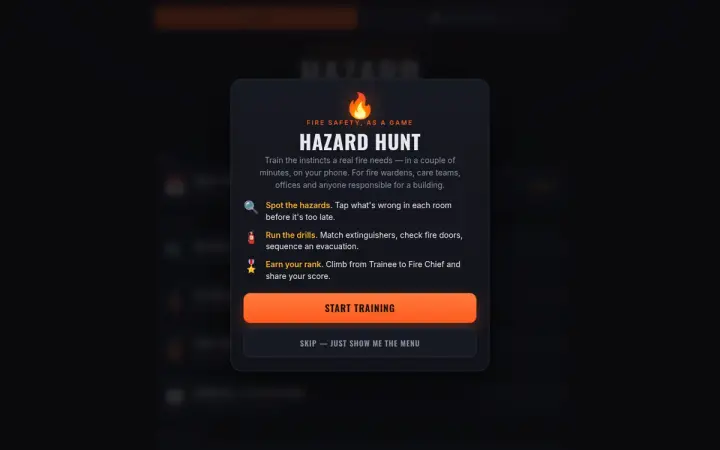 Hazard Hunt — Fire Safety Training Game as it appears in the browser
