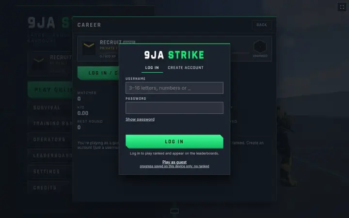 9JA STRIKE as it appears in the browser
