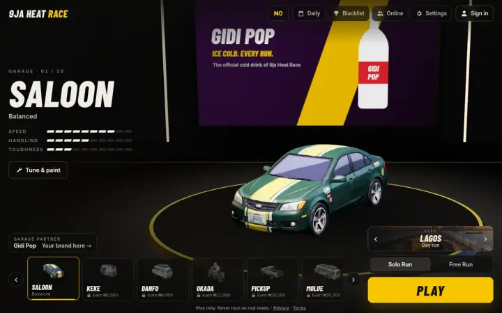 9ja Heat Race as it appears in the browser